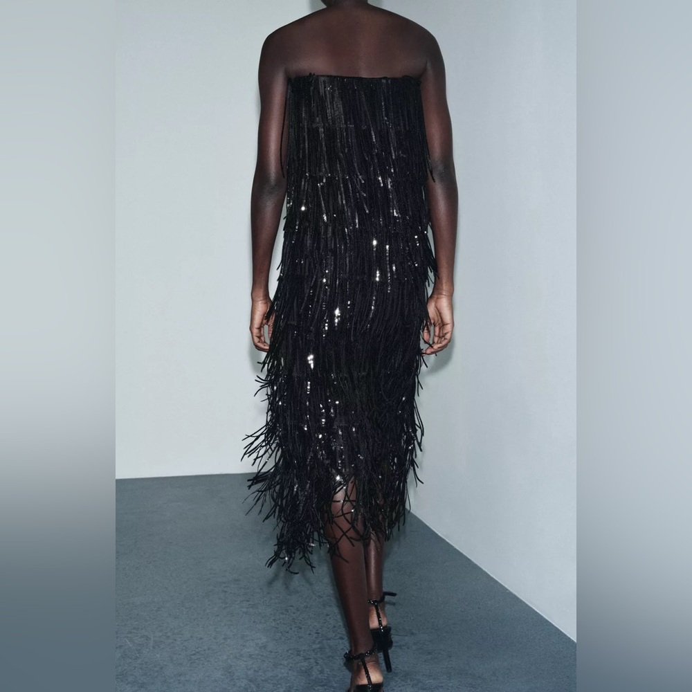 Zara Limited Edition SEQUIN FRINGE Black Midi DRESS sz.XS - Picture 6 of 15